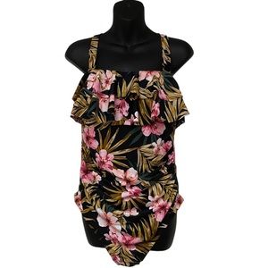 Kona Sol Black Floral Double Flounce Padded One Piece Size 16W